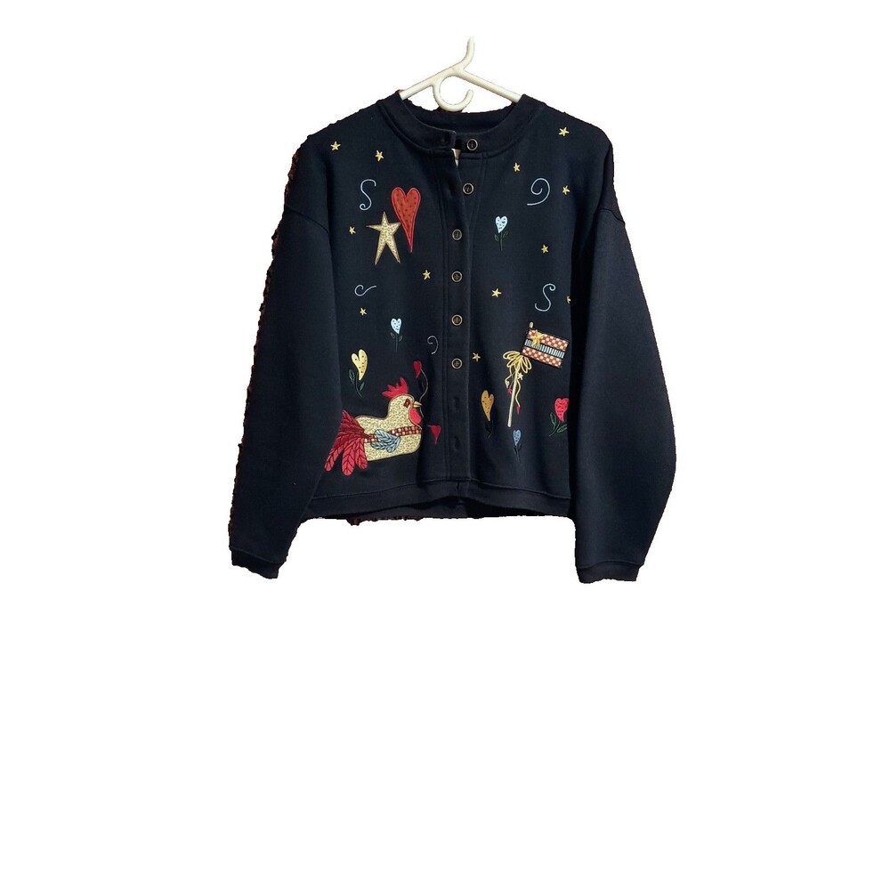 Christopher & Banks Ladies Medium Navy Hearts Stars Rooster Sweater Cardigan